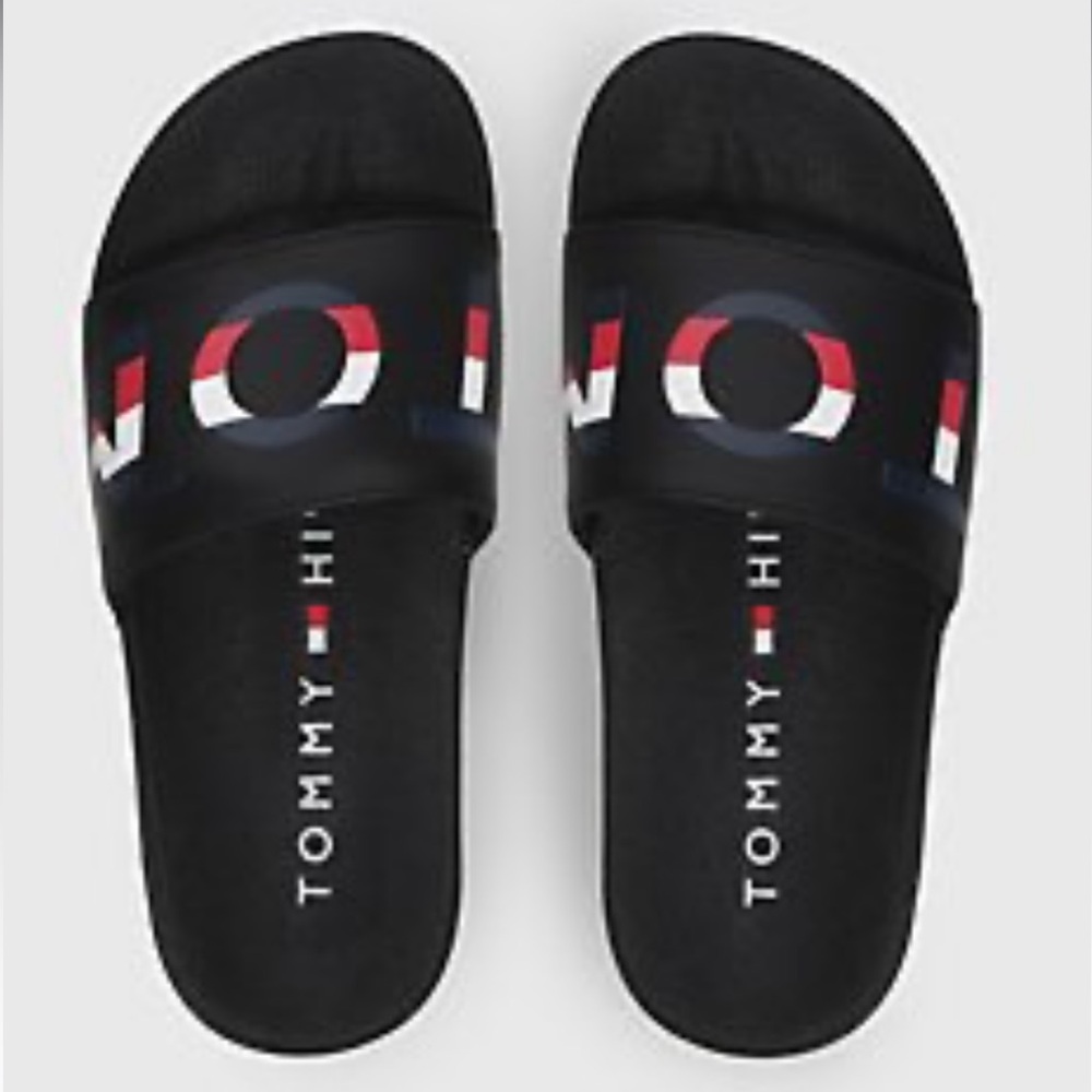 Kids Black Tommy Stripe Slides